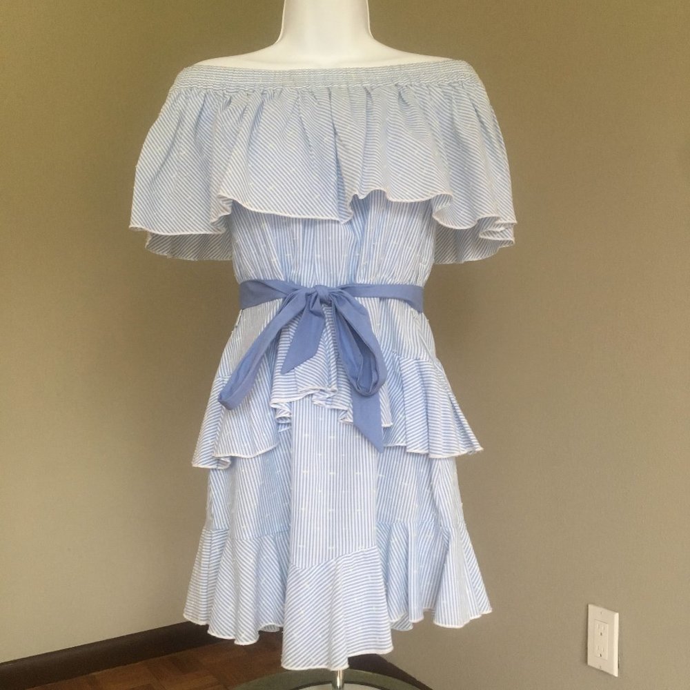 Topshop Striped off Shoulder Striped Ruffled Dress